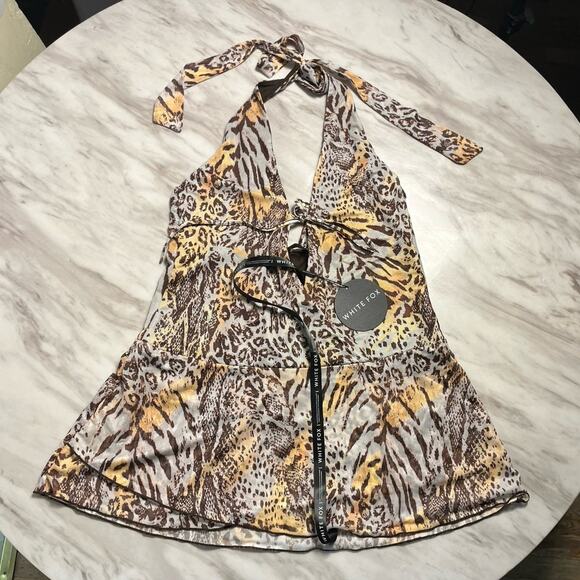 White Fox Too Extra Halter Mini Dress Leopard Spritz Size XL - Picture 2 of 7